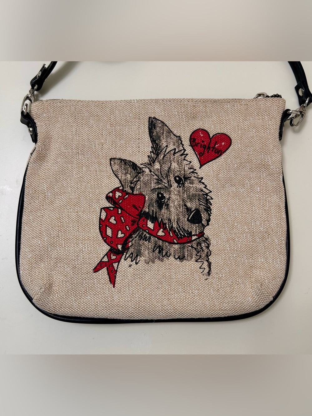 Brighton Scottie Dog Crossbody Purse Metallic Linen Canvas Graphic Print Bag